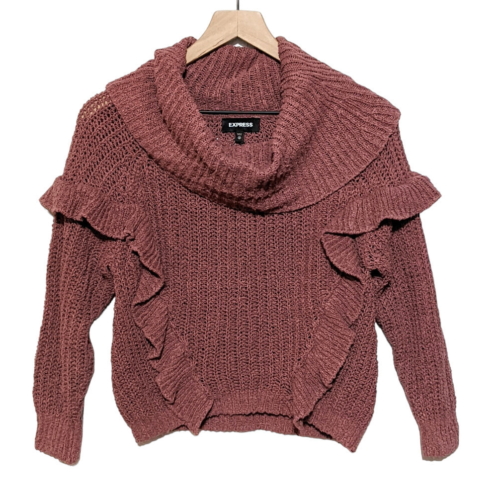 Express Womens Cowl Neck Ruffle Chunky Knit Sweater Size XS Pink Long Sleeve